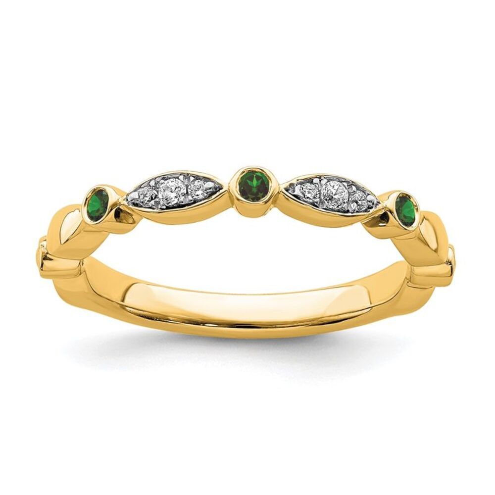 14k Yellow Gold Created Emerald & .05 Ctw Diamond Stackable Band, Sz 8